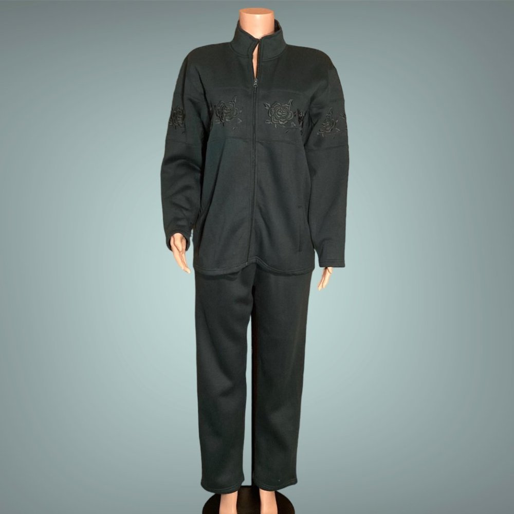 NWOT Vintage Bonnie Evans Fleece Embroidered Top Cardigan Pant Set Size L
